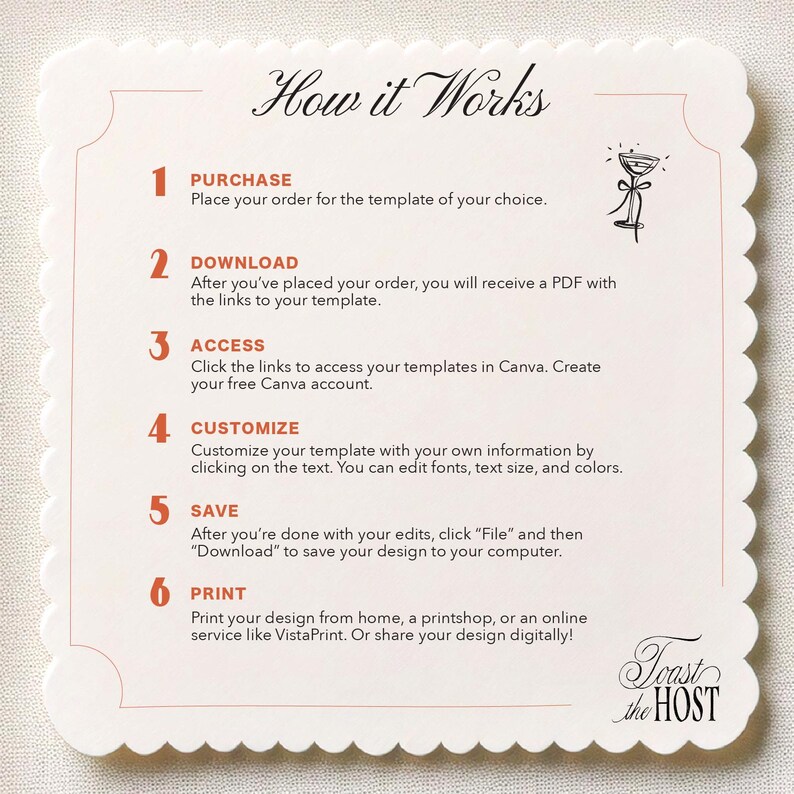 May include: A cream-colored card with a scalloped edge and the title "How it Works" in elegant script. The card details a six-step process, including purchase, download, access, customize, save, and print, with a small illustration of a champagne glass.