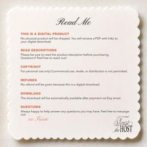 May include: A scalloped-edge card with the words "Read Me" in elegant script. The card contains text about digital products, copyright, refunds, and downloads. The card also includes the text "Toast the HOST" in script.