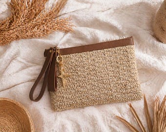 Minimal Woven Clutch Bag – Handmade Straw Pouch with Leather Strap | Boho Summer Wristlet