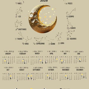 Zodiac Moon Phase Calendar 2025 Canvas Print. Astrological Calendar in English and Spanish language. Gifts for Astrology Lover. Horoscope