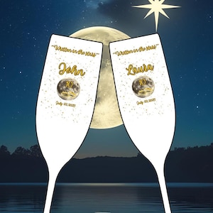Copa de champán con grabado de amor cósmico escrito en las estrellas, elegante copa de boda, regalo de aniversario, decoración celestial romántica