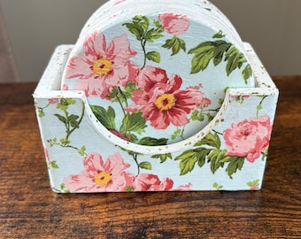 set of 6 Decoupaged coasters with a decoupaged coaster holder.