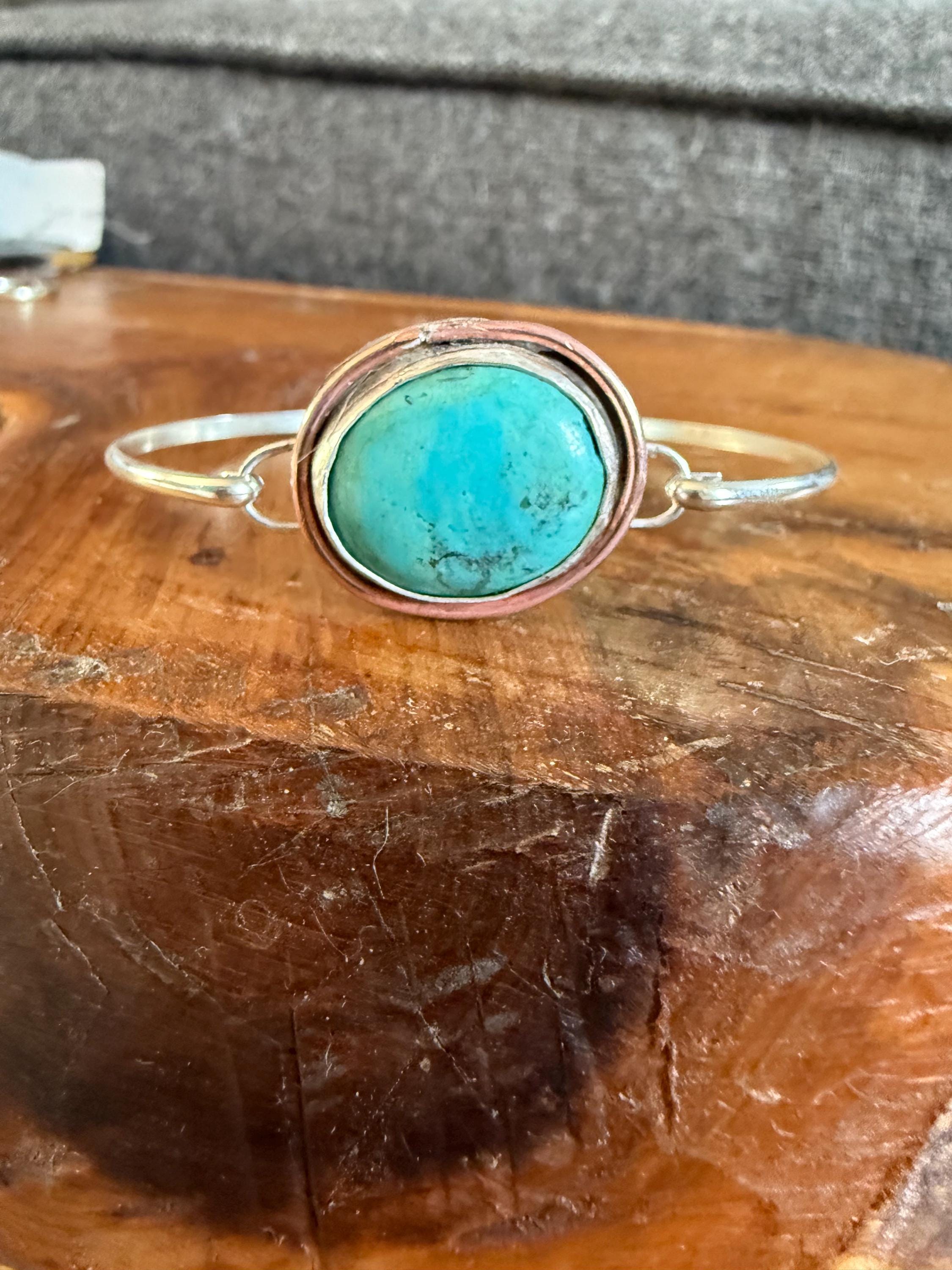 Bracciale rigido in argento sterling turchese e rame / Braccialetto da spiaggia boho - Italia