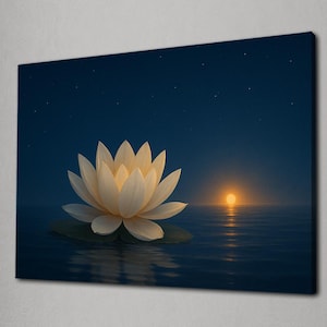 蓮の花のウォールアート、禅のキャンバスプリント、瞑想室の装飾、月光の湖の絵画、静かな自然のアートワーク、スパの壁の装飾