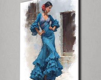 Spanische Flamenco-Tänzerin Leinwand Wandkunst, Elegante Frau im Blauen Kleid, Tanz Inspirierte Malerei, Kulturelle Kunstwerk für Wohnzimmer Dekor