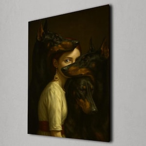 Doberman Dog Wall Art Canvas, Gothic Woman Portrait, Dark Pet Lovers Decor, Surreal Animal Painting, Mysterious Gothic Home Artwork