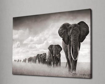 Elephant Herd Wall Art,Black and White Safari Print,African Wildlife Canvas,Nature Photography Decor,Animal Lovers Gift, Modern Jungle Theme