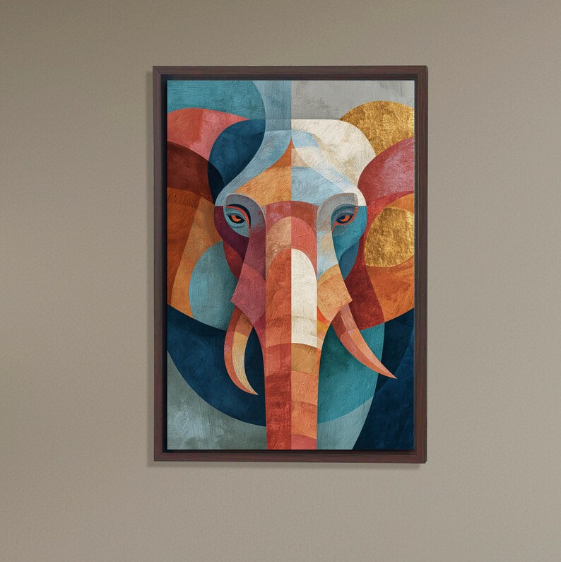 May include: Geometric elephant art print in a dark brown frame. The artwork features an elephant's head with a colorful, abstract design. The color palette includes shades of blue, orange, red, and gold. The artwork is a modern and artistic representation of an elephant.