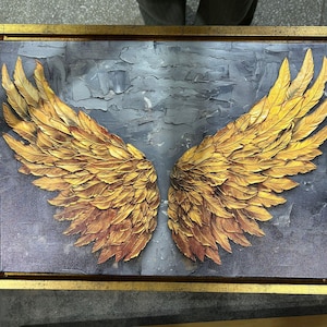 Gold Angel Wings Wall Art, Textured Feather Canvas, Luxury Wing Painting, Guardian Decor, Modern Abstract Angel Gift for Living Room