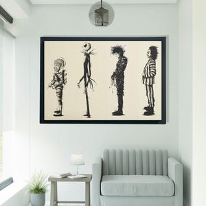 Puede incluir: Obra de arte enmarcada en blanco y negro con cuatro ilustraciones de personajes. Los personajes incluyen una figura con un traje espacial, una figura alta y delgada con extremidades delgadas, una figura cubierta con un material texturizado y una figura con un traje a rayas.