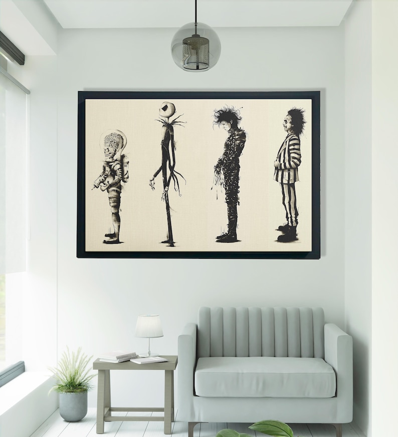 Puede incluir: Obra de arte enmarcada en blanco y negro con cuatro ilustraciones de personajes. Los personajes incluyen una figura con un traje espacial, una figura alta y delgada con extremidades delgadas, una figura cubierta con un material texturizado y una figura con un traje a rayas.