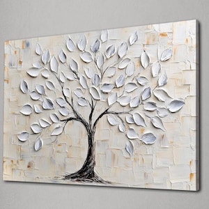 Textured White Tree Canvas, 3D Abstract Nature Wall Art, Neutral Tones Tree of Life Painting, Modern Rustic Home Decor