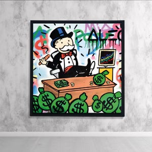 Stampa murale con graffiti del Monopoly, stampa su tela con sacco di soldi, decorazione Urban Pop Art, poster da parete "Rich Life", tela colorata di Street Art, decorazione per la camera da letto