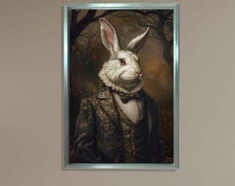 Lienzo decorativo de conejo blanco, retrato victoriano de animal, impresión de conejito de fantasía caprichosa, obra de arte surrealista con marco dorado para la decoración de la sala de estar.