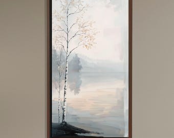 Minimalist Tree Landscape Canvas Art, Soft Neutral Wall Decor, Modern Misty Nature Painting for Bedroom or Living Room Serenity
