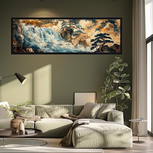 Japanese Waterfall Canvas Wall Art, Panoramic Ukiyo-e Style Landscape Print, Blue Gold Nature Scene for Zen Decor, Horizontal Art Piece