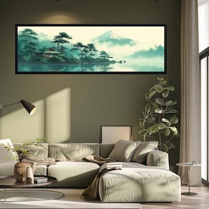 Japanese Landscape Canvas Wall Art, Panoramic Zen Mountain Print, Serene Nature Lake Painting for Living Room or Meditation Space