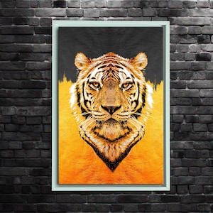 Arte mural de tigre, impresión moderna de animales de la selva, lienzo naranja intenso, decoración de vida silvestre para el hogar, ilustraciones de safari en la selva, póster de animales feroces