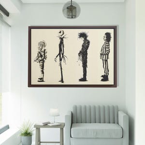 Puede incluir: Una obra de arte enmarcada con cuatro ilustraciones en blanco y negro de personajes ic&oacute;nicos. Los personajes est&aacute;n representados en un estilo minimalista sobre un fondo crema, enmarcados en madera oscura. La obra se exhibe en una pared blanca.