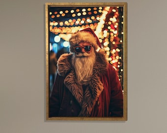 Cool Santa Claus Canvas Wall Art, Christmas Holiday Poster, Festive Santa with Sunglasses Painting, Modern Xmas Gift Home Decoration