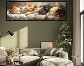 Sleeping Cats Wall Art, Cozy Kittens Canvas Print, Warm Furry Animal Painting, Horizontal Pet Decor for Living Room or Bedroom