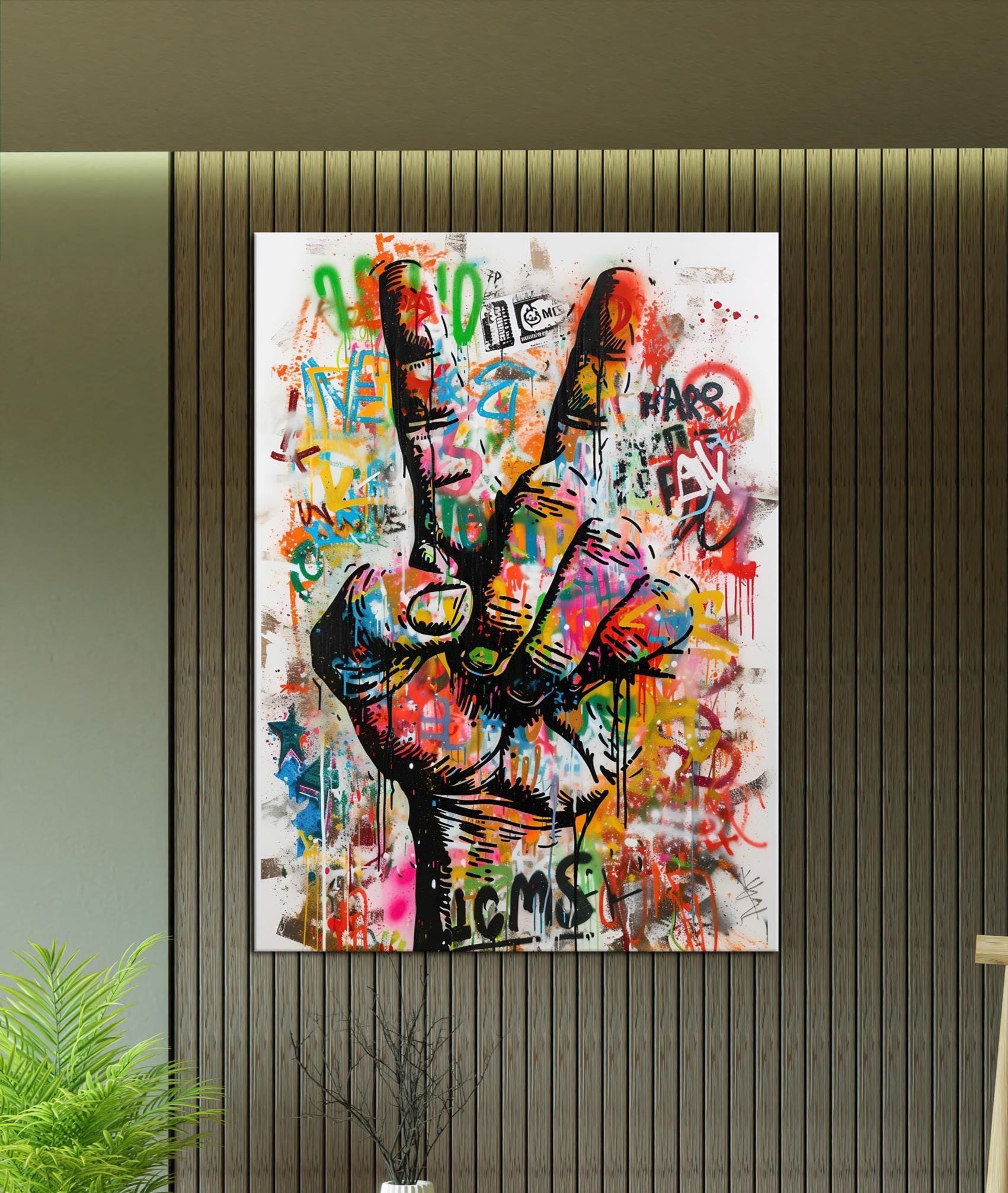 Colorful Graffiti Peace Hand Canvas Art, Urban Street Wall Decor, Bold Pop Art Painting for Modern Industrial Interiors, Graffiti Wall Decor