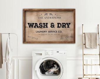 Decoración personalizada para lavandería / Póster de lienzo de lavandería, decoración de servicio de lavandería, decoración vintage para lavandería / Arte de pared rústico de lienzo lavado y secado