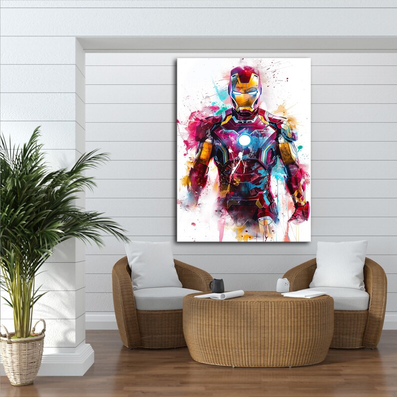 K&ouml;nnte beinhalten: Ein lebendiges Aquarellgem&auml;lde von Iron Man. Das Kunstwerk zeigt den Superhelden in seiner ikonischen rot-goldenen R&uuml;stung mit Farbspritzern in Blau, Rosa und Gelb. Das Bild ist eine dynamische Darstellung der Figur.