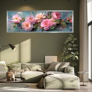 Romantic Pink Rose Canvas Wall Art, Horizontal Floral Painting Print, Shabby Chic Botanical Decor for Bedroom or Living Room Gift