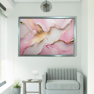 Lienzo de mármol rosa dorado, pintura abstracta rosa y amarilla, decoración de pared de lujo, decoración de pared enmarcada, póster rosa, tapiz, idea de regalo