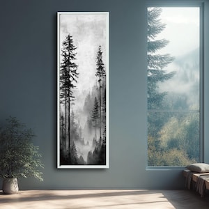 Black and White Forest Canvas Art, Tall Trees Foggy Landscape Print, Modern Vertical Wall Decor, Nature Themed Living Room Artwork