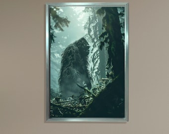 Lienzo de Pie Grande (bosque), póster de criatura mítica críptica, obra de arte misteriosa del bosque, decoración del hogar de fantasía oscura