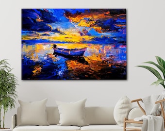 Boat Sunset Wall Art, Vibrant Abstract Lake Painting, Colorful Seascape Canvas, Blue Orange Nautical Decor, Modern Living Room Art