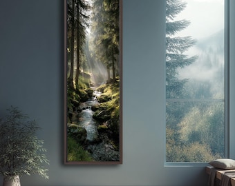 Impresión de arte mural de Forest Creek, lienzo vertical de naturaleza, paisaje arbóreo tranquilo, decoración de bosque sereno, obra de arte rústica para pasillo verde