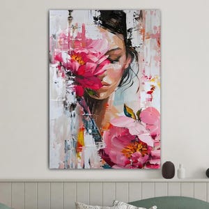Abstract Woman with Flowers Print, Pink Floral Face Canvas, Framed Boho Feminine Art, Modern Woman Print, Wallhanging, Gifts Idea Canvas
