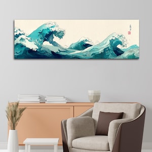 Japanese Wave Wall Art Canvas, Panoramic Ocean Wave Print, Hokusai Inspired Seascape, Coastal Decor for Living Room or Office