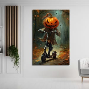Pumpkin Head Canvas Wall Art, Creepy Halloween Decor, Spooky Jack O’Lantern Riding Scooter Artwork, Haunted Gothic Scary Fall Painting