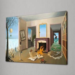 Surreale Leinwand Wandkunst, Traumhaftes Fantasy Zimmer Druck, Bücherverbrennung Malerei, Skurril Surrealismus Kunstwerk, hirnverbiegende Dekoration, gerahmte Kunst