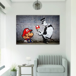 Banksy Super Mario Canvas Wall Art, Banksy Graffiti Canvas, Super Mario Poster, Gaming Room Decor,  Banksy Style Wall Decor, Banksy Print