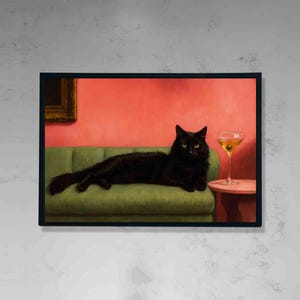 Black Cat on Sofa Canvas, Modern Animal Art Print, Funny Cat Wall Decor, Cozy Feline Painting, Cocktail Lounge Cat Canvas, Pet Lover Gift