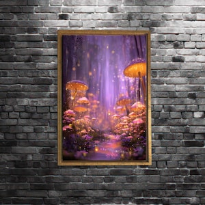 Fantasy mushroom forest canvas art, glowing purple fairy landscape, magical wall decor, enchanted woodland path print, whimsical nature art