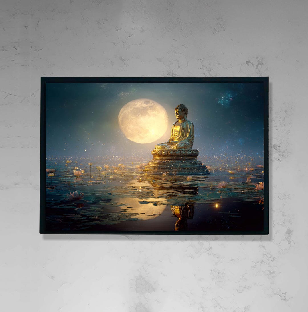 Buddha Canvas Wall Art With Moonlight and Lotus Flowers, Spiritual Zen ...