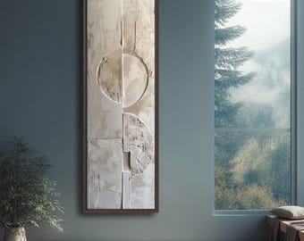 Arte de pared de lienzo abstracto texturizado, pintura minimalista vertical beige y blanca, decoración moderna geométrica en relieve 3D para sala de estar u oficina