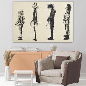 Puede incluir: Una impresi&oacute;n en lienzo con cuatro ilustraciones en blanco y negro de personajes ic&oacute;nicos del cine. Los personajes incluyen un marciano, Jack Skellington, Eduardo Manostijeras y Beetlejuice. La obra de arte se exhibe sobre un mueble de estilo moderno.
