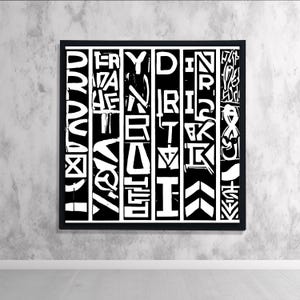 Abstract Typography Wall Art, Black White Canvas Print, Modern Graffiti Letters, Minimal Urban Decor, High Quality Print, Framed Art