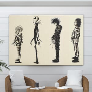 Tim Burton Characters Canvas Art, Gothic Style Minimal Wall Decor, Tim Burton Movie Poster, Wallhanging, Framed Canvas Print, Movie Fan Gift