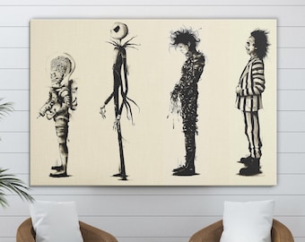 Tim Burton Characters Canvas Art, Gothic Style Minimal Wall Decor, Tim Burton Movie Poster, Wallhanging, Framed Canvas Print, Movie Fan Gift