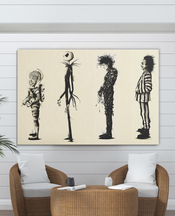 Tim Burton Characters Canvas Art, Gothic Style Minimal Wall Decor, Tim Burton Movie Poster, Wallhanging, Framed Canvas Print, Movie Fan Gift