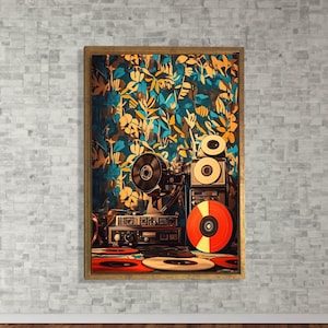 Retro Vinly Record Canvas Wall Art, Unique Modern Music Design, Record Player Art, Studio, Cafe, or Room Wall Decor, Unusual canvas print