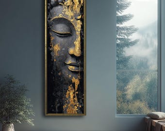 May include: A vertical framed artwork featuring a serene Buddha face. The image is predominantly black and gold, with the Buddha's face rendered in dark tones and accented with gold leaf. The artwork is displayed in a room with a window.